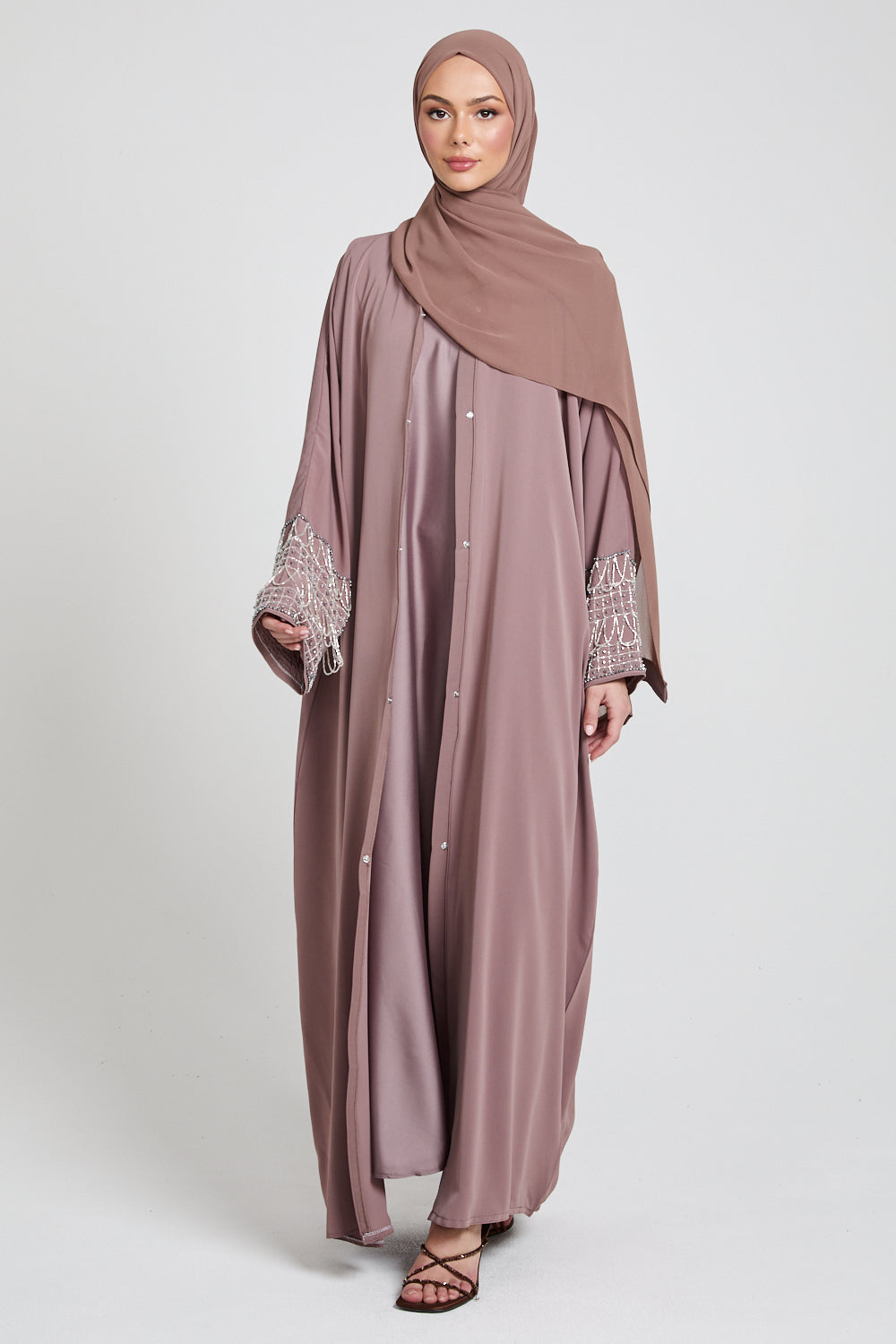 Royal Tassel Embellished Cuff Open Abaya - Mocha Meringue