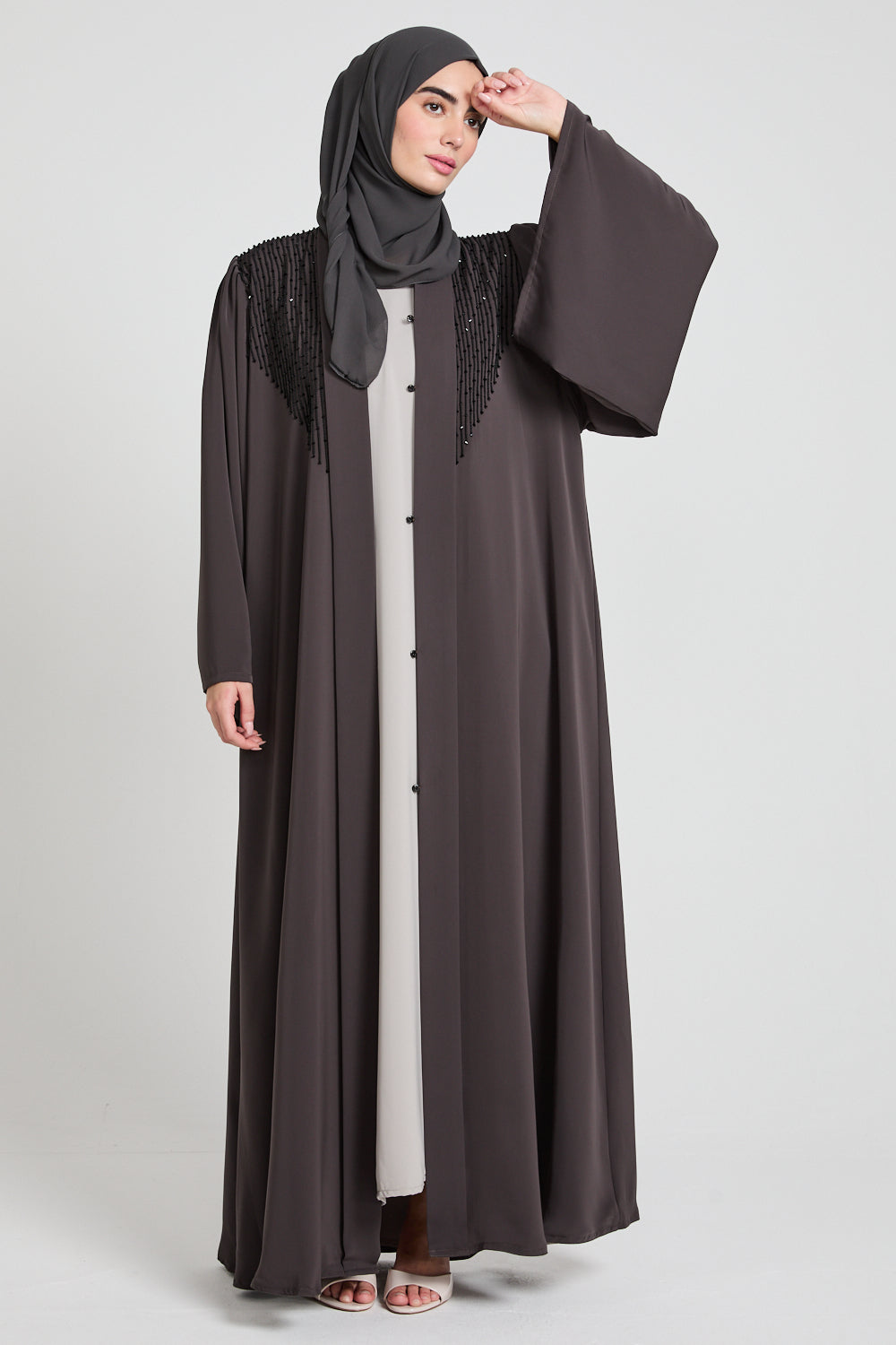 Premium Pleated Shoulder Open Abaya with Embellishments - Charcoal Brown