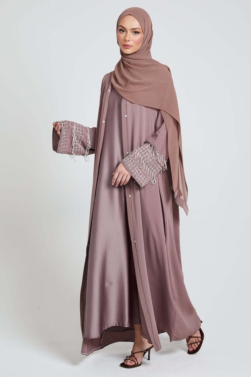 Royal Tassel Embellished Cuff Open Abaya - Mocha Meringue