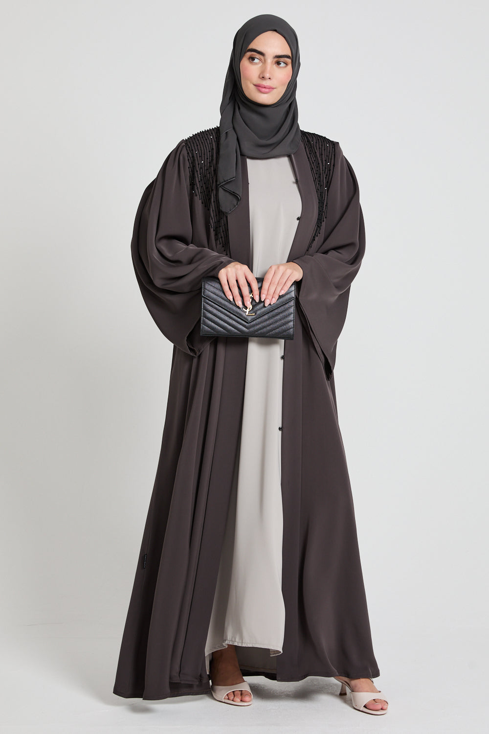 Premium Pleated Shoulder Open Abaya with Embellishments - Charcoal Brown