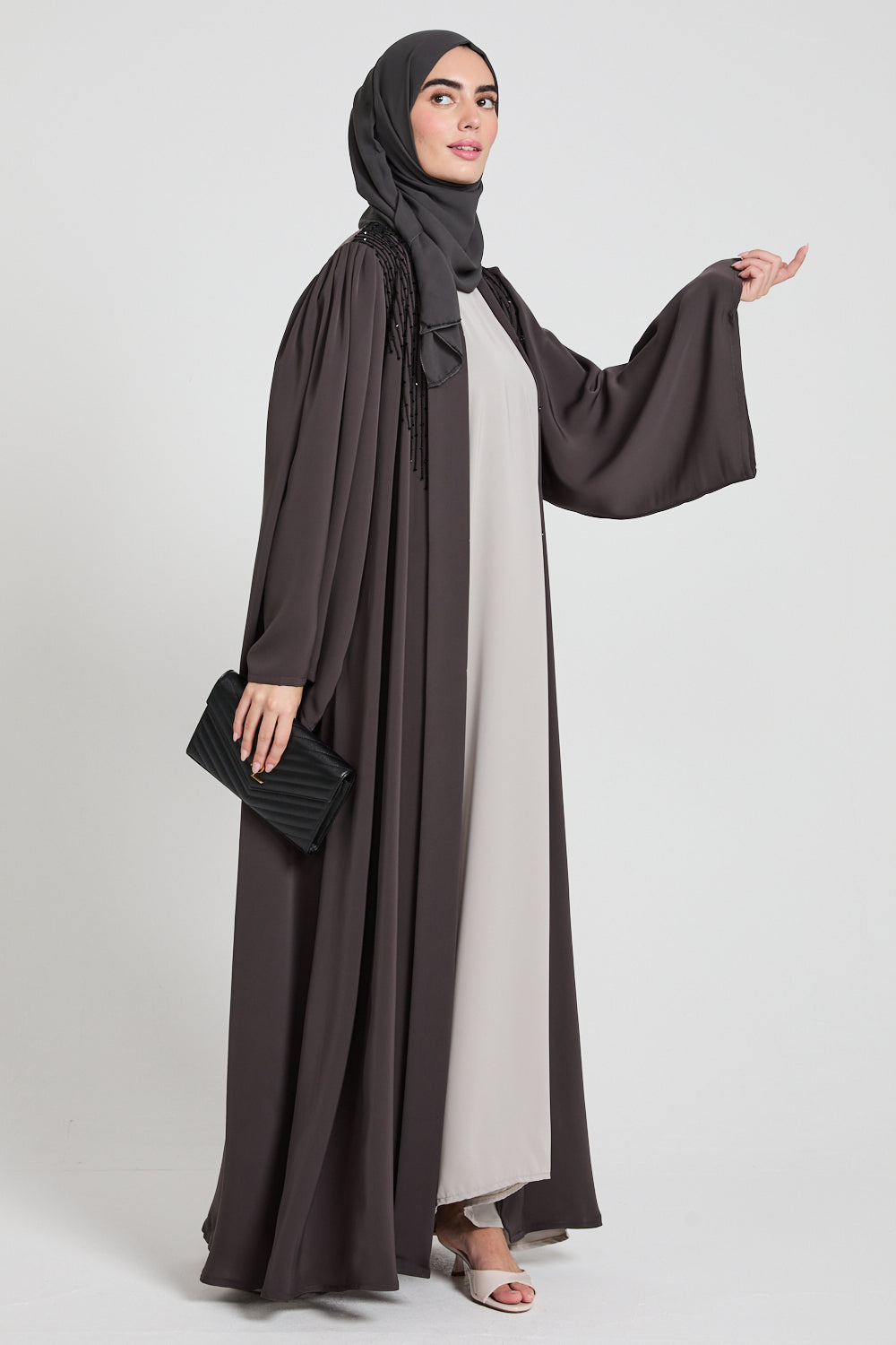 Premium Pleated Shoulder Open Abaya with Embellishments - Charcoal Brown