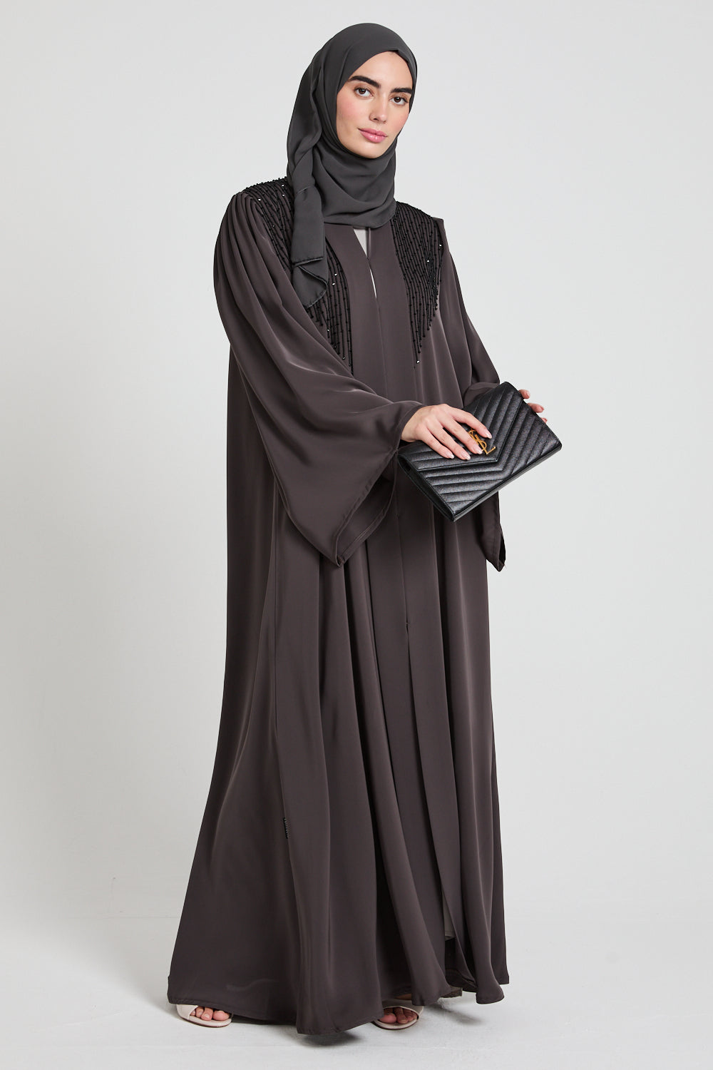 Premium Pleated Shoulder Open Abaya with Embellishments - Charcoal Brown