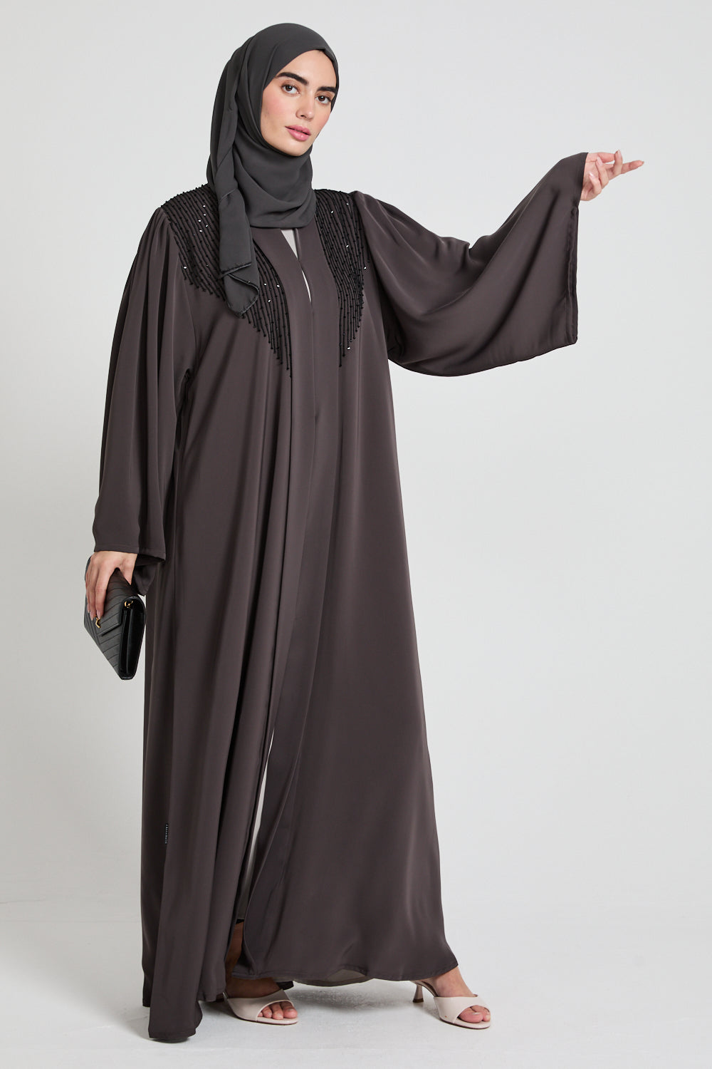 Premium Pleated Shoulder Open Abaya with Embellishments - Charcoal Brown