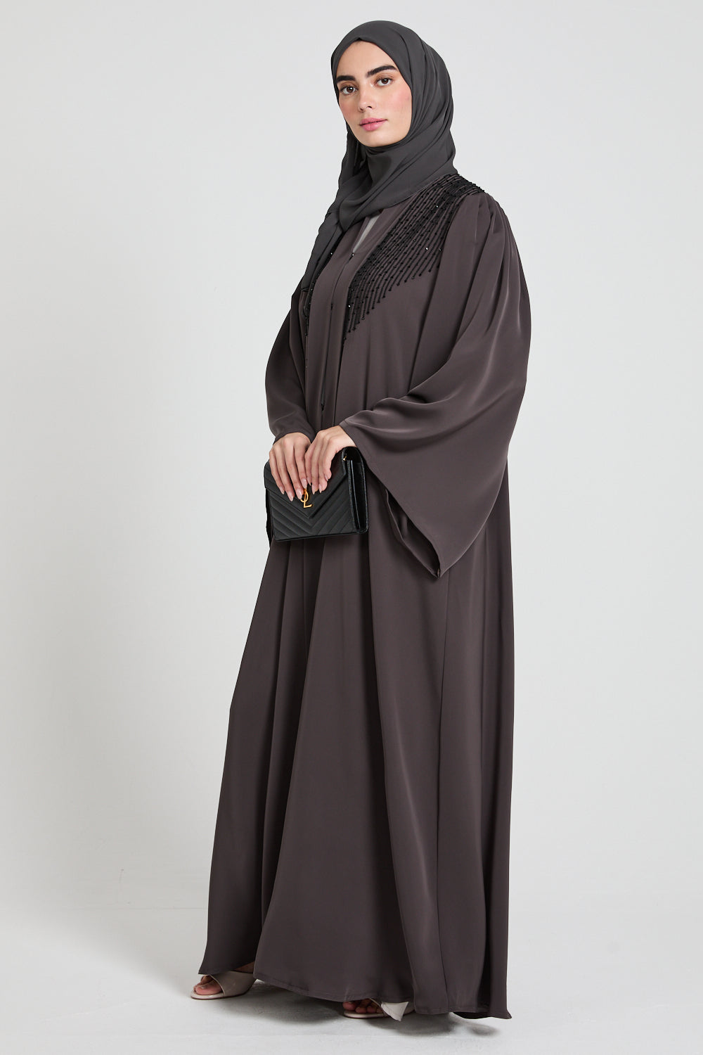 Premium Pleated Shoulder Open Abaya with Embellishments - Charcoal Brown