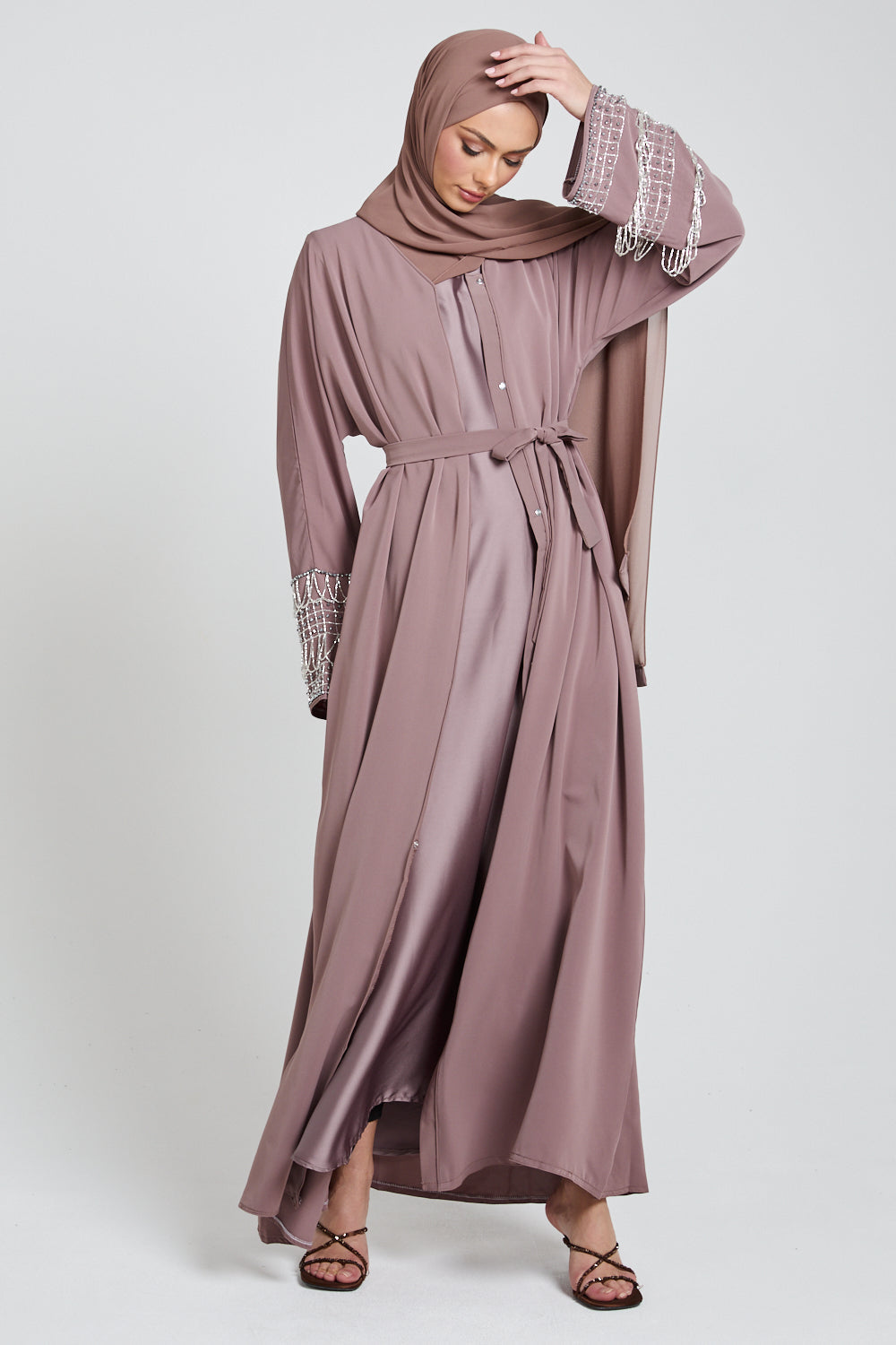 Royal Tassel Embellished Cuff Open Abaya - Mocha Meringue