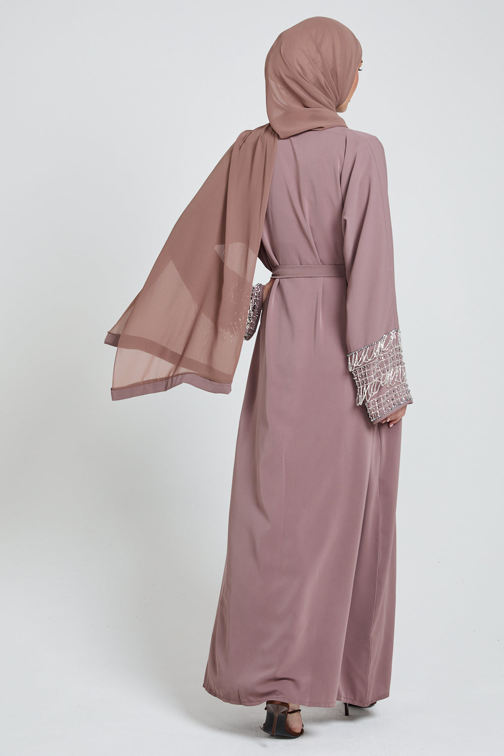 Royal Tassel Embellished Cuff Open Abaya - Mocha Meringue