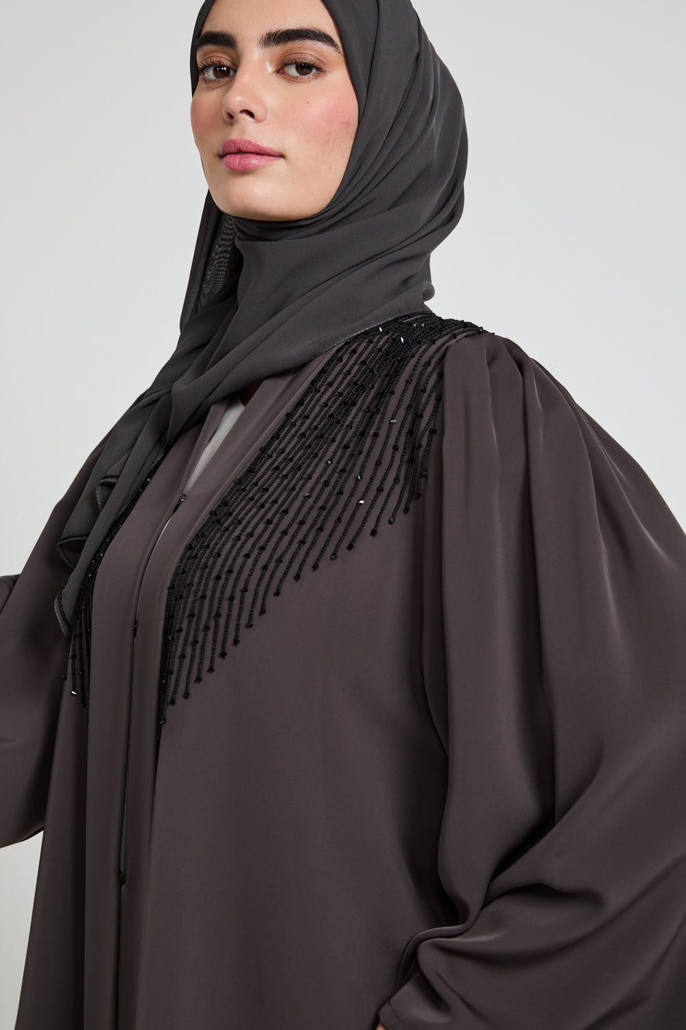Premium Pleated Shoulder Open Abaya with Embellishments - Charcoal Brown