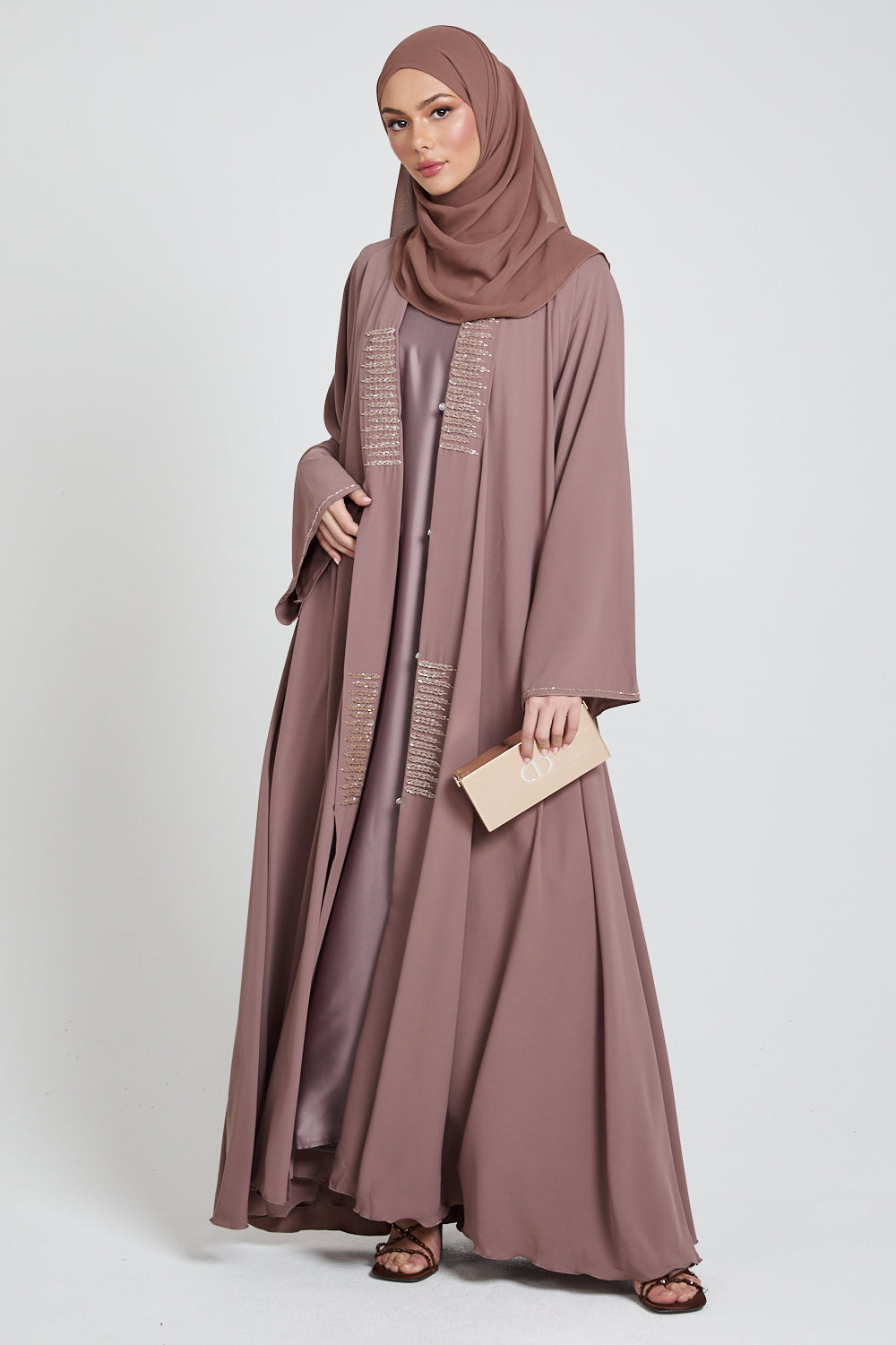 Classic Open Abaya with Embellished Panels - Mocha