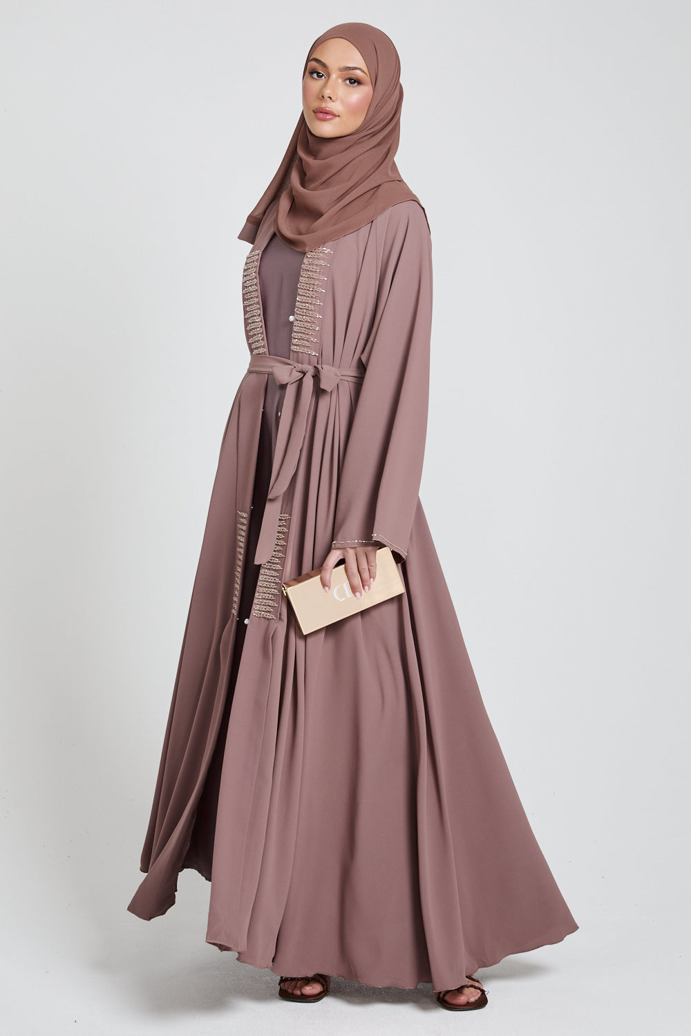 Classic Open Abaya with Embellished Panels - Mocha