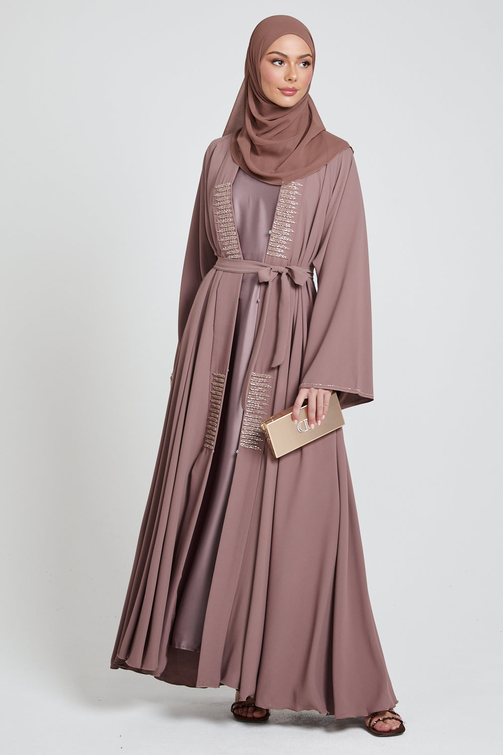 Classic Open Abaya with Embellished Panels - Mocha