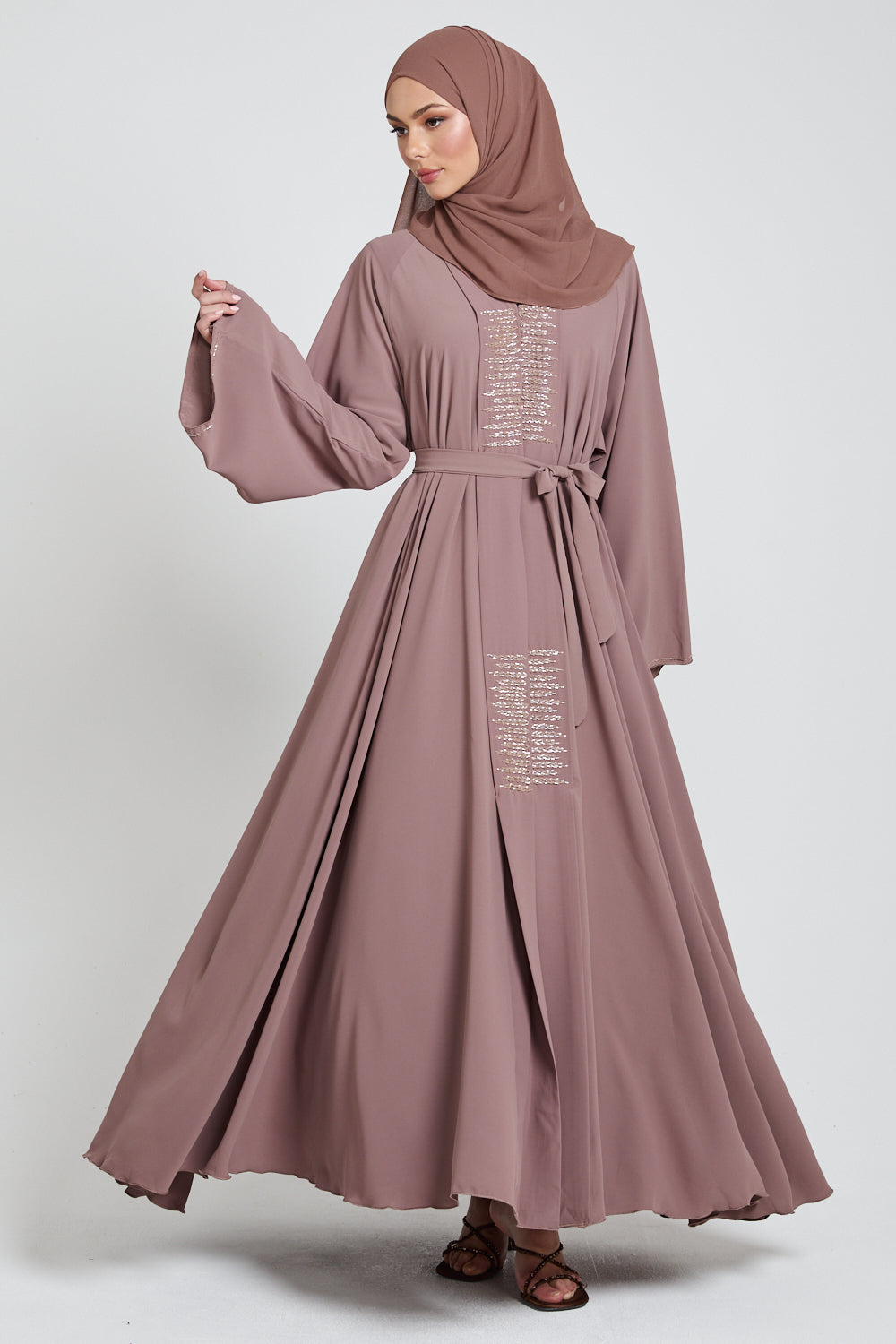 Classic Open Abaya with Embellished Panels - Mocha