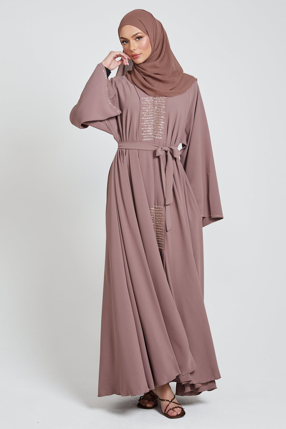 Classic Open Abaya with Embellished Panels - Mocha