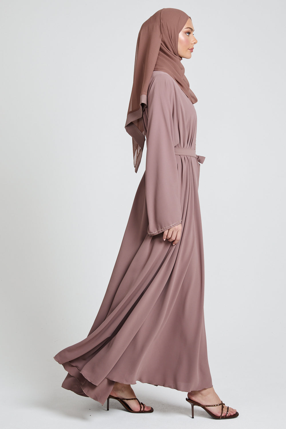 Classic Open Abaya with Embellished Panels - Mocha