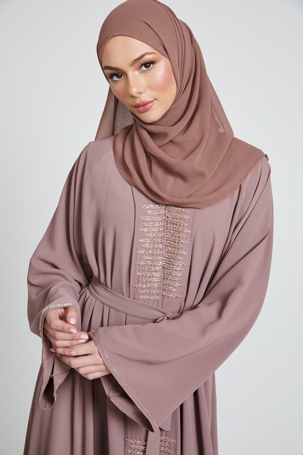 Classic Open Abaya with Embellished Panels - Mocha
