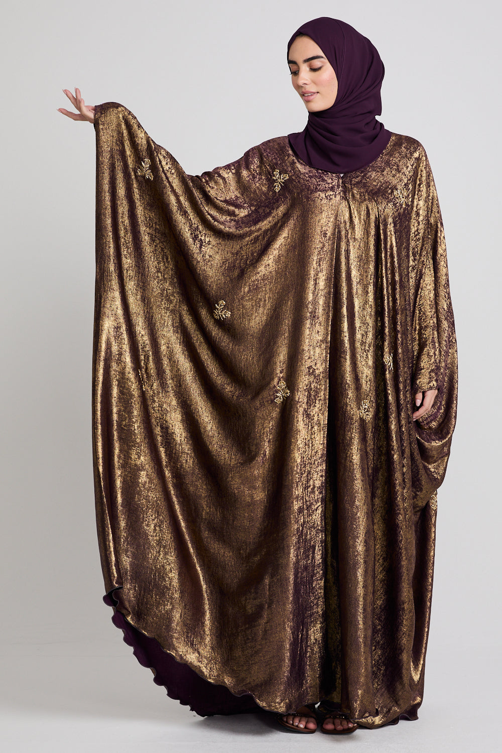 Premium Ethereal Glow Embellished Open Farasha - Twilight Gold