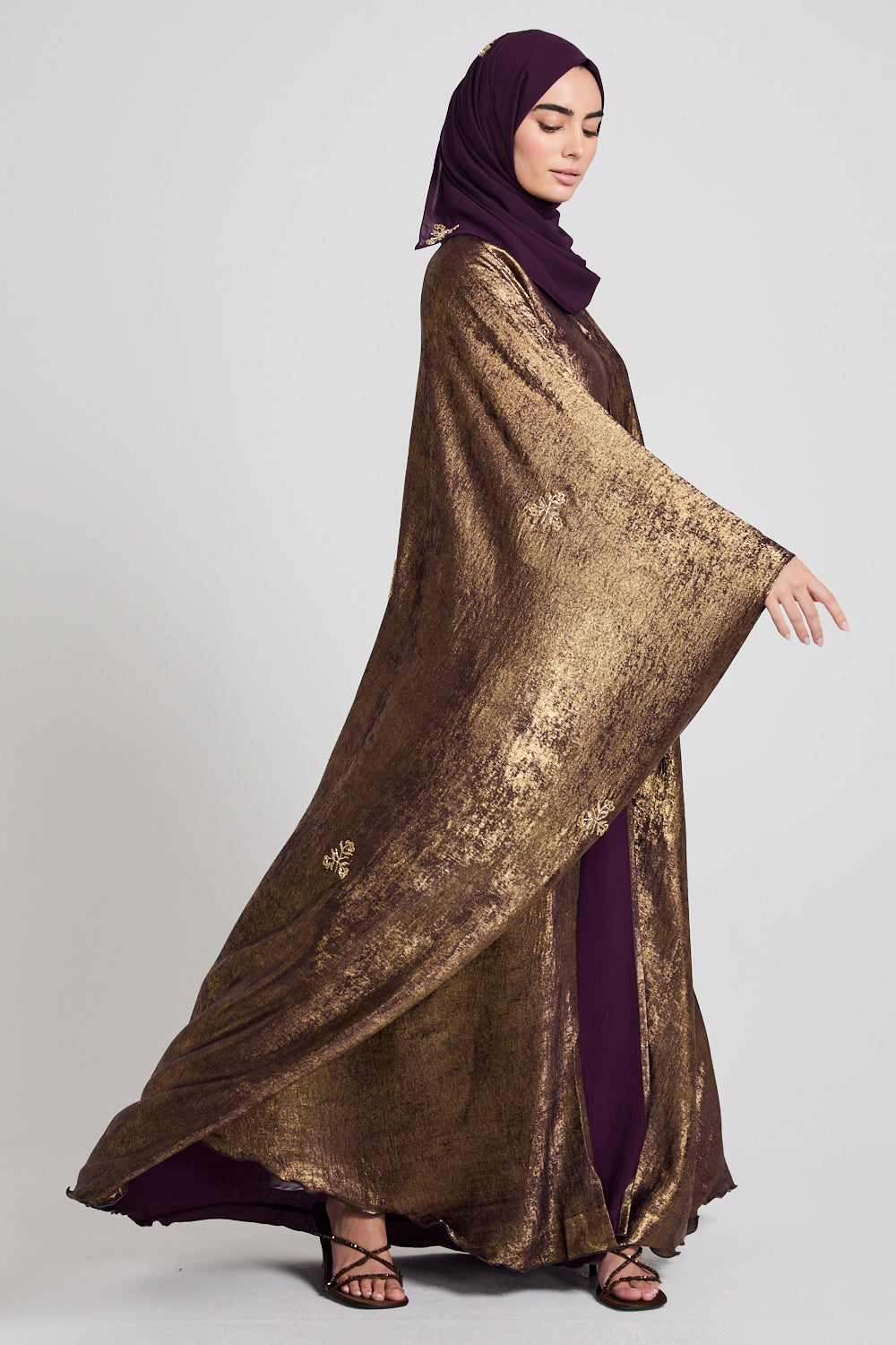 Premium Ethereal Glow Embellished Open Farasha - Twilight Gold