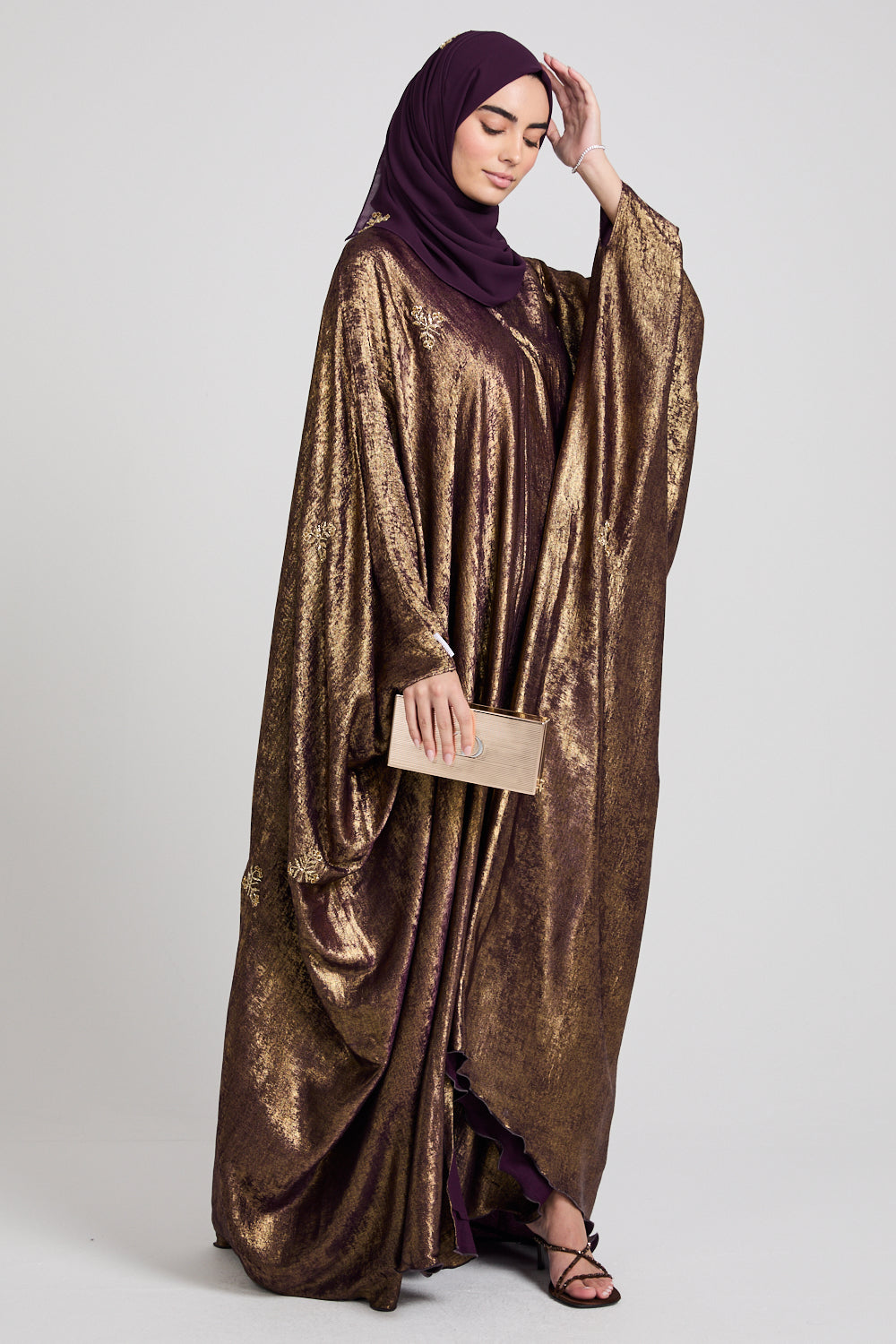 Premium Ethereal Glow Embellished Open Farasha - Twilight Gold