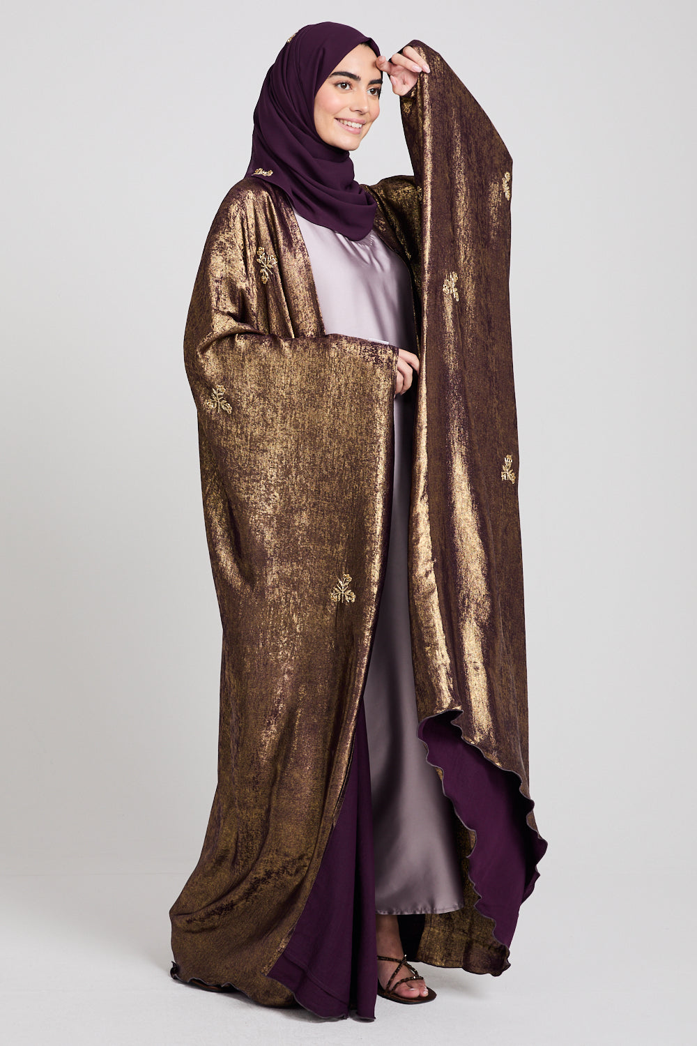 Premium Ethereal Glow Embellished Open Farasha - Twilight Gold