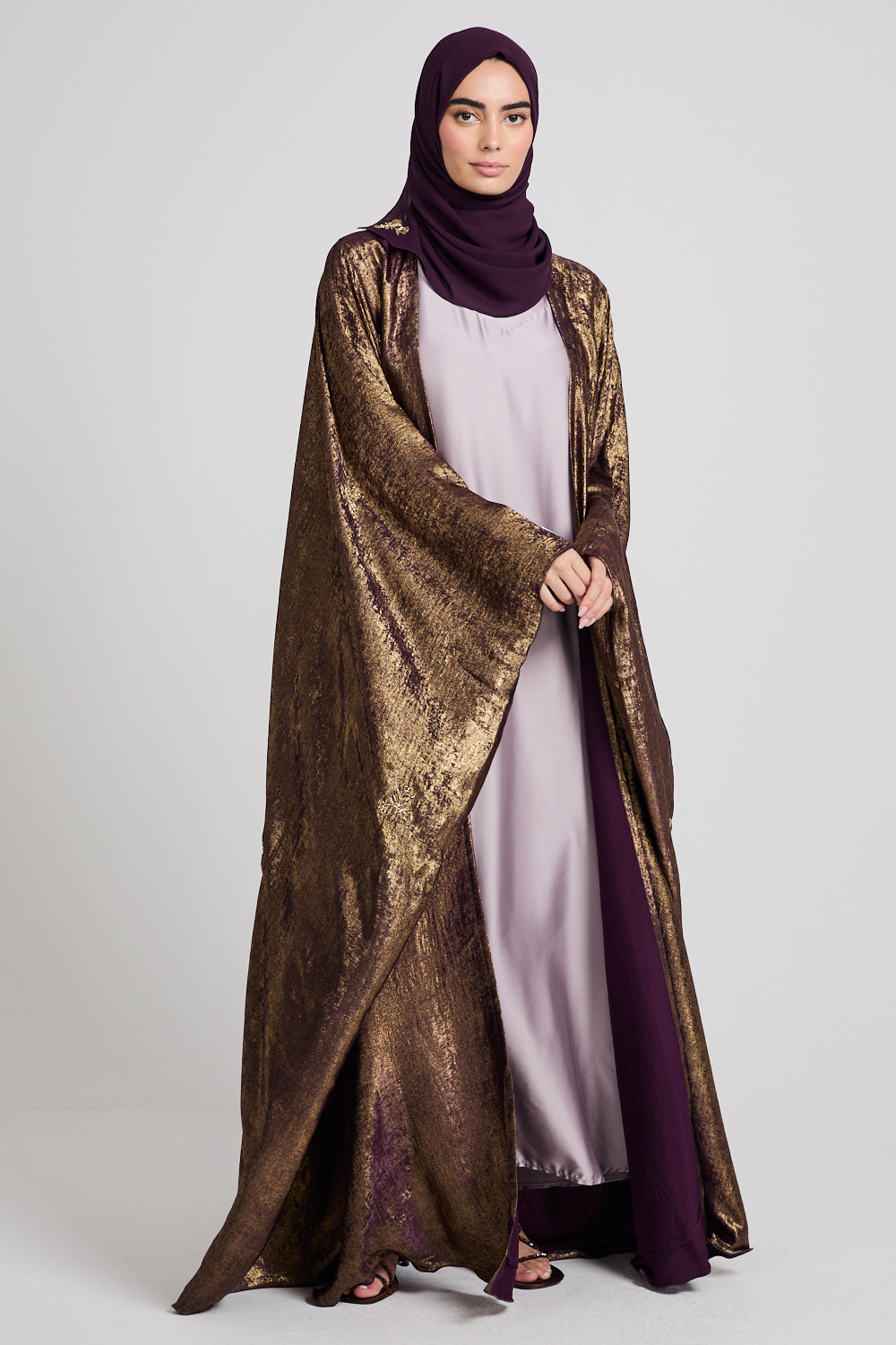 Premium Ethereal Glow Embellished Open Farasha - Twilight Gold