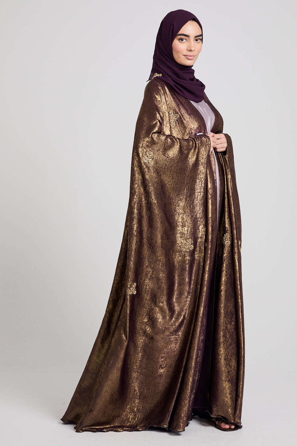 Premium Ethereal Glow Embellished Open Farasha - Twilight Gold