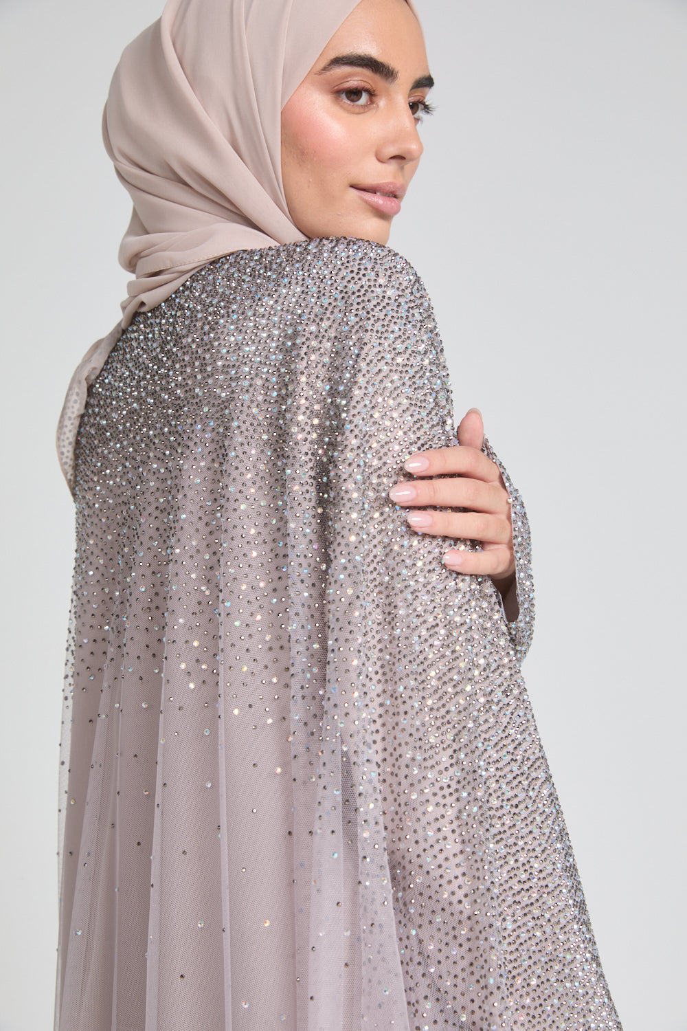 طقم عباية فاخرة من ثلاث قطع مفتوحة من Celestial Stardust - وردي فاتح