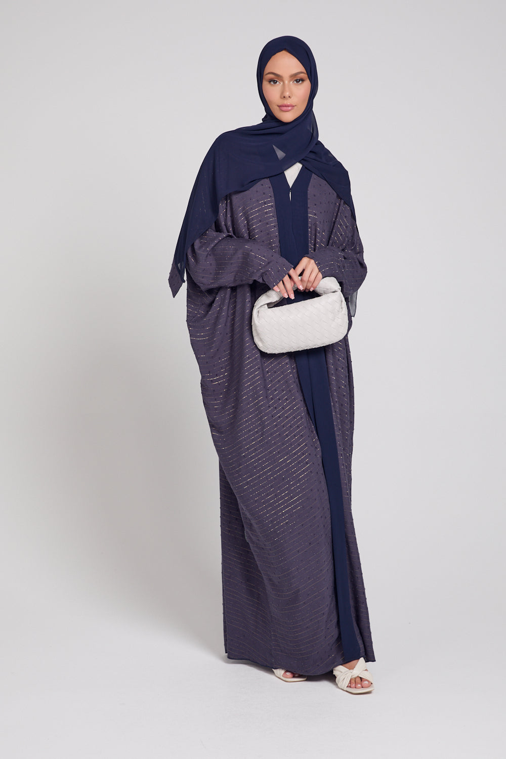 Classic Bisht Open Abaya With Chiffon Panels - Navy