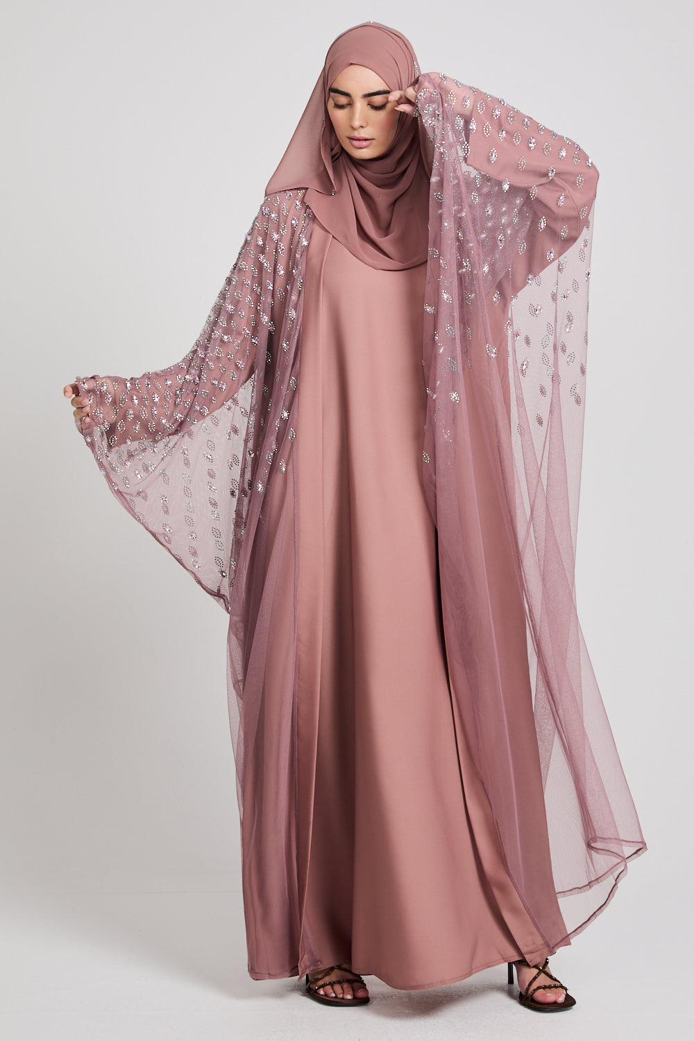 Luxury Three Piece Eternal Starlight Open Abaya Set - Cosmic Rose