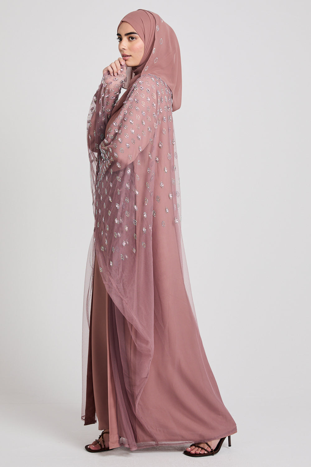 Luxury Three Piece Eternal Starlight Open Abaya Set - Cosmic Rose