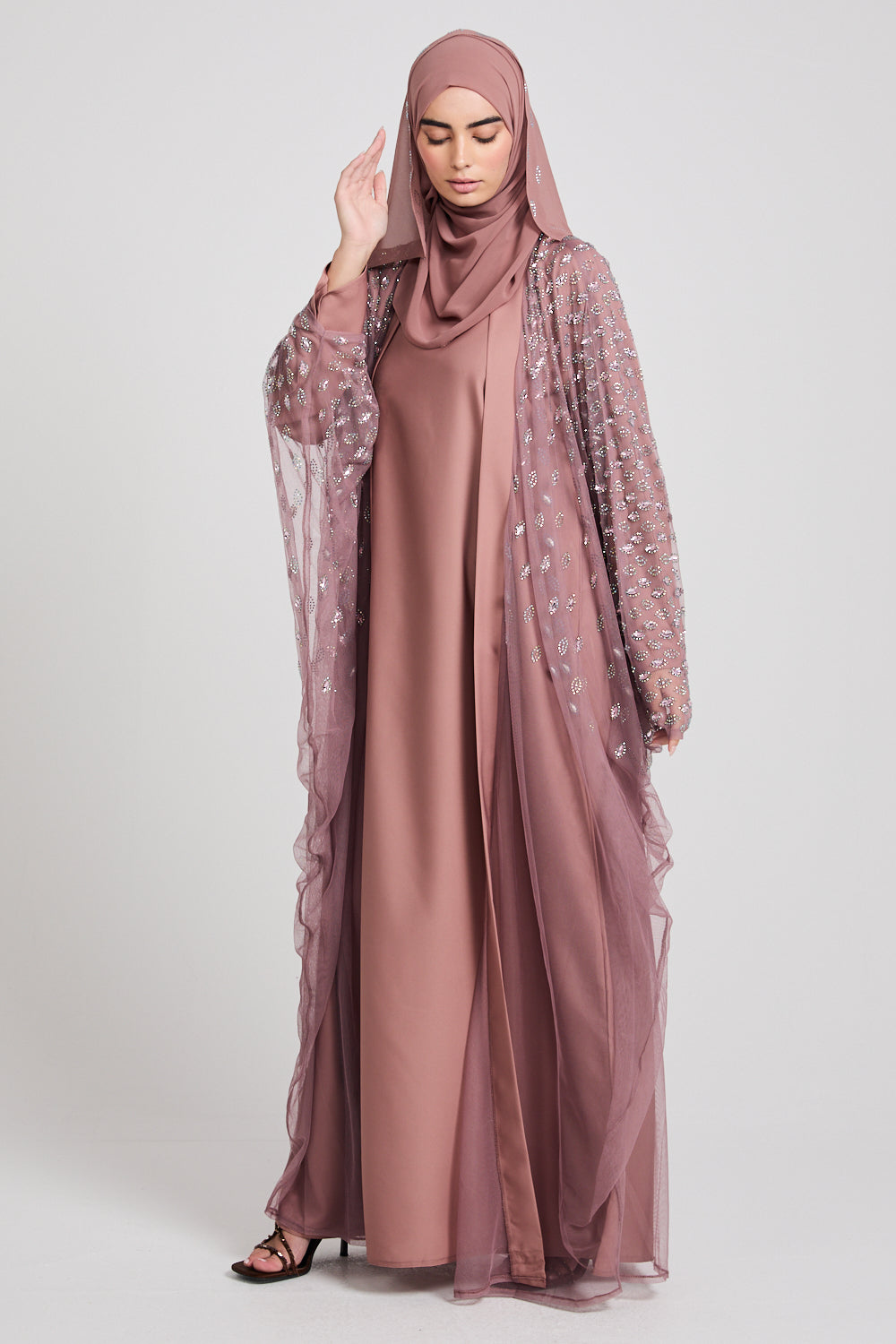 Luxury Three Piece Eternal Starlight Open Abaya Set - Cosmic Rose