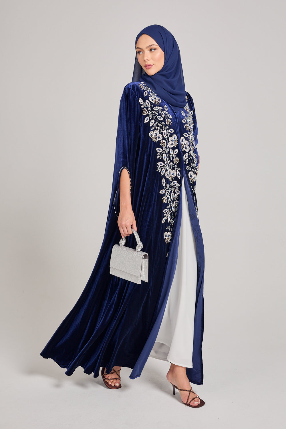 Luxury Sapphire Blue Velvet Embellished Cape