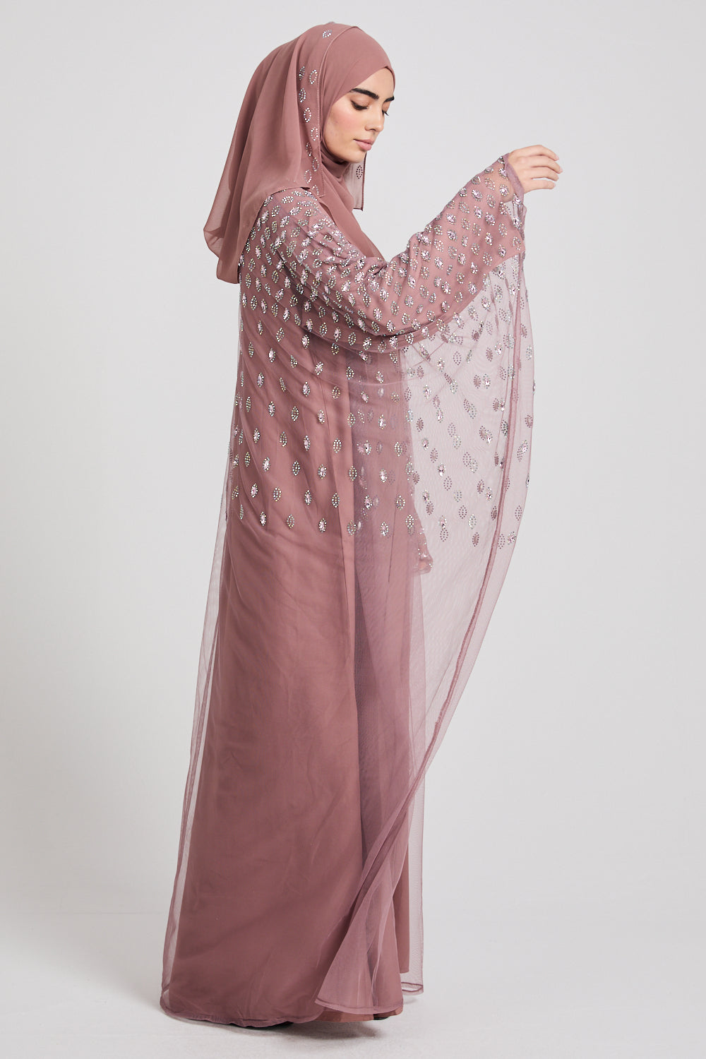 Luxury Three Piece Eternal Starlight Open Abaya Set - Cosmic Rose