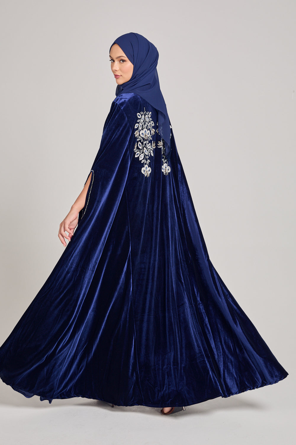 Luxury Sapphire Blue Velvet Embellished Cape