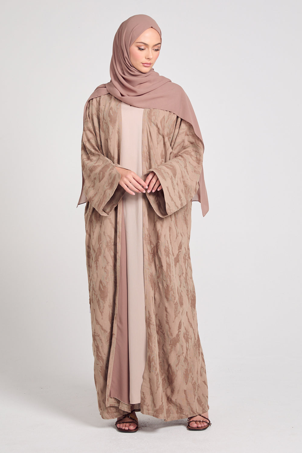 Luxury Linen Blend Sandstorm Open Abaya - Praline
