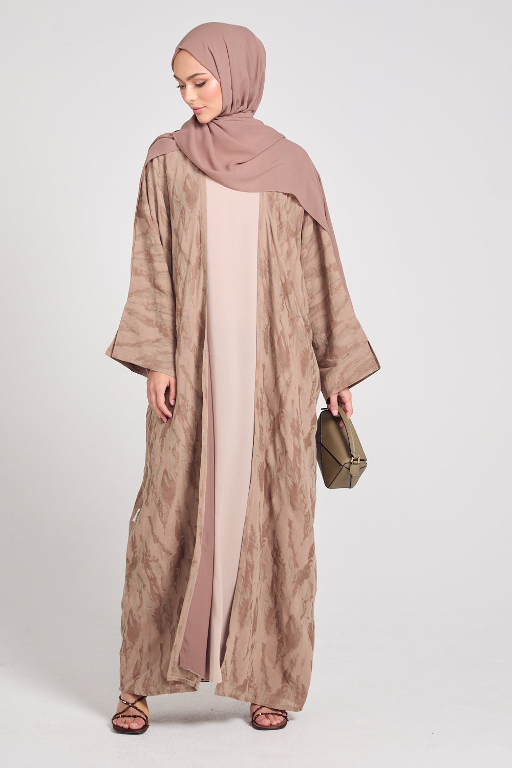 Luxury Linen Blend Sandstorm Open Abaya - Praline