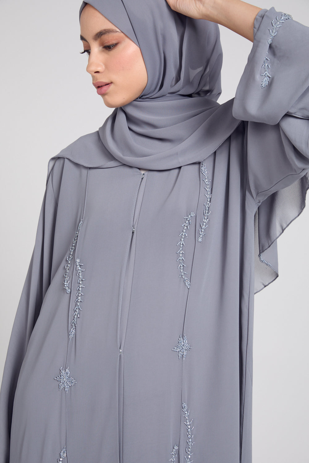Premium Coronate Embellished Chiffon Open Abaya - Light Grey